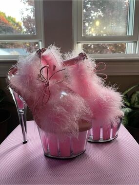 Pleaser Adore-724F Clear Baby Pink Marabou Feather 7" Platform Sandals NIB